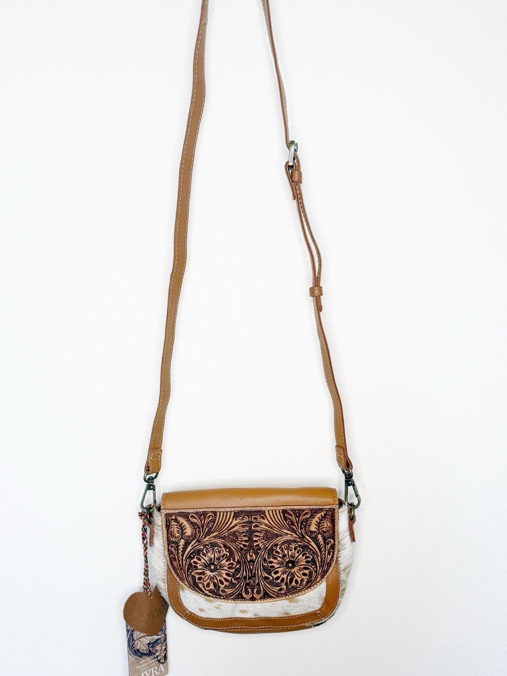 Myra Bag Tooled Leather and Hair on Western Womens Crossbody Purse